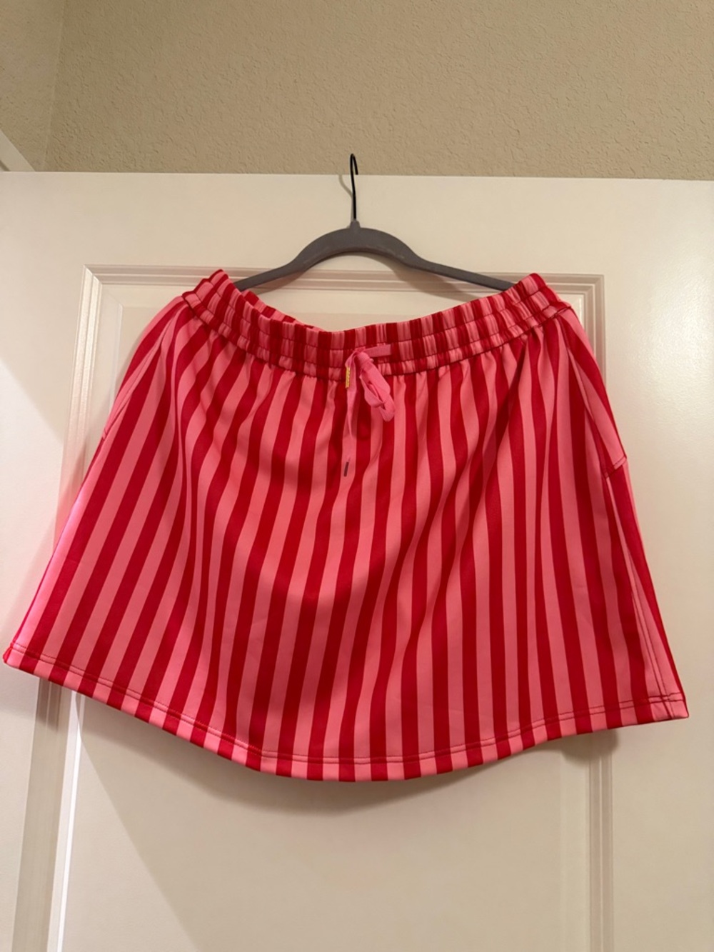 Striped Red & Pink Midi Skort with Drawstring Waist